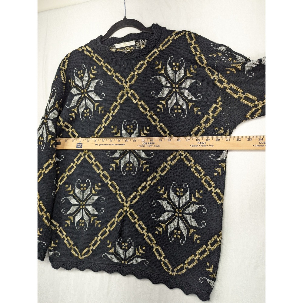 Dana Scott Sweater Large Black Gold Silver Fair Isle Snowflake Holiday‎ Pullover - Picture 6 of 8